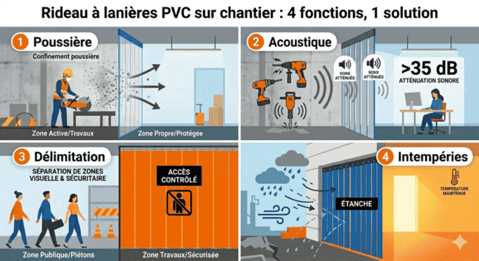 Les 4 usages du rideau à lanières PVC sur chantier : confinement poussière, atténuation sonore, délimitation de zones et protection intempéries