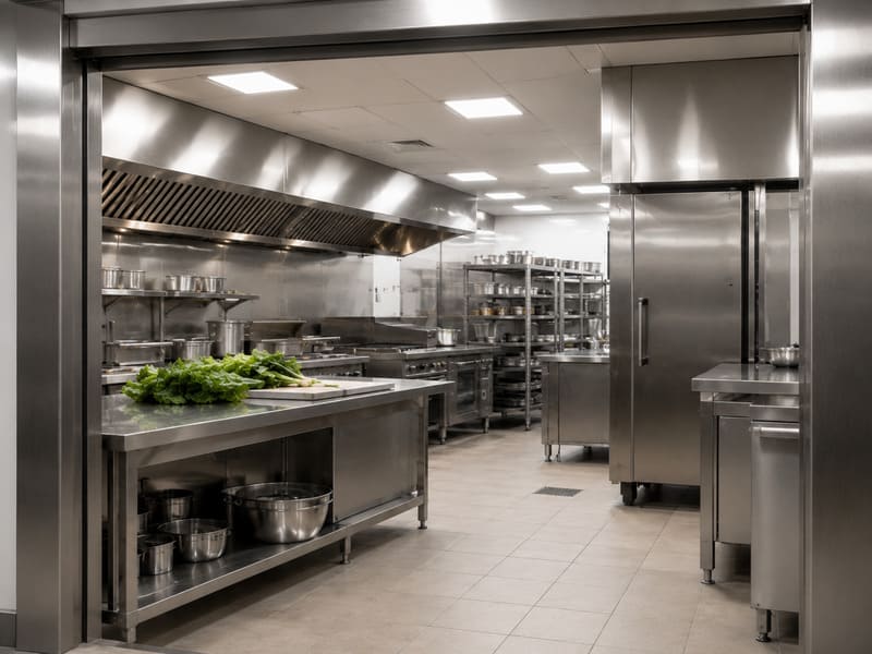 Illustration d'une cuisine professionnelle à équiper d'un rideau à lanières PVC