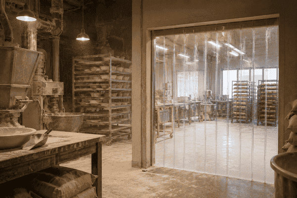 Rideau à lanières PVC contre les poussières et farines dans une boulangerie industrielle